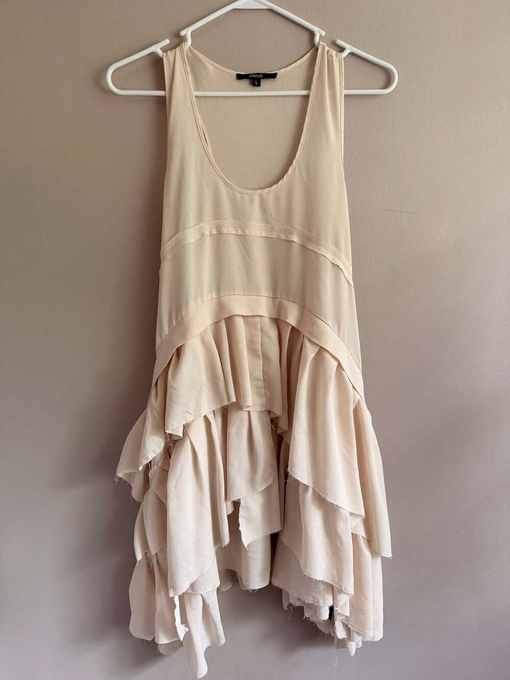 Ladies L Beige Chiffon Ruffle Tiered Asymmetrical Sleeveless Maternity Top Dress